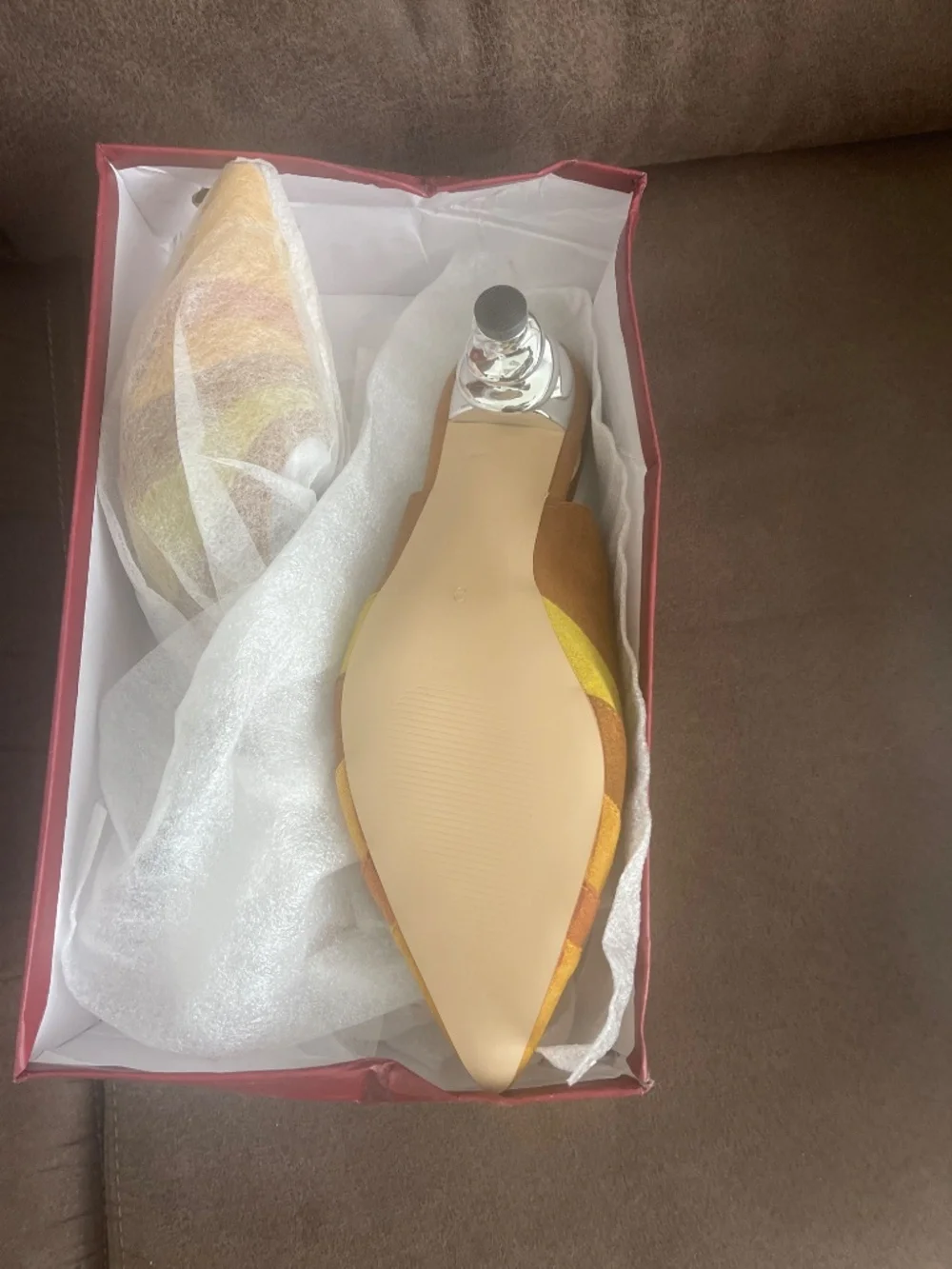 YDN Yellow Floral Metallic Spiral Heels Slip On Sandals Slingback Elastic Pumps